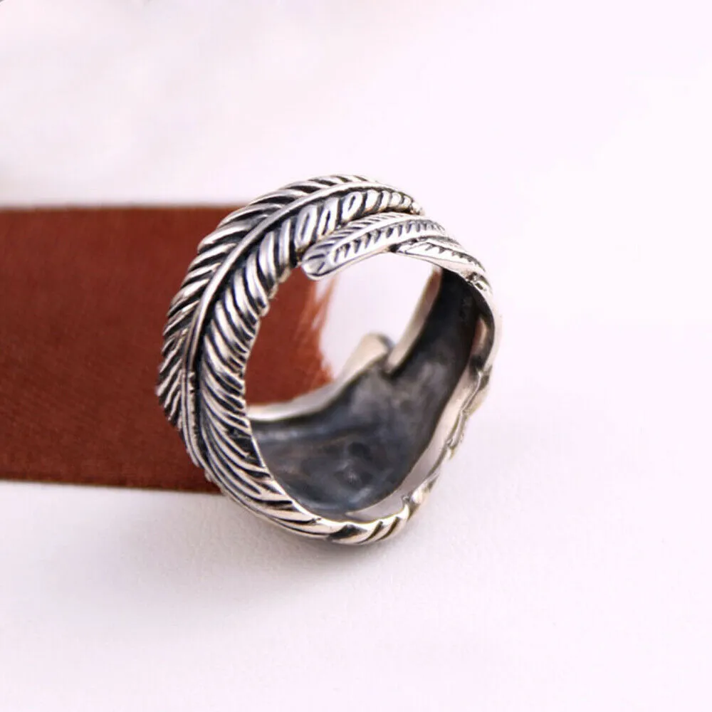 Real Solid 925 Sterling Silver Rings Feather Wisdom Eye Fashion Punk Jewelry Open Size Adjustable