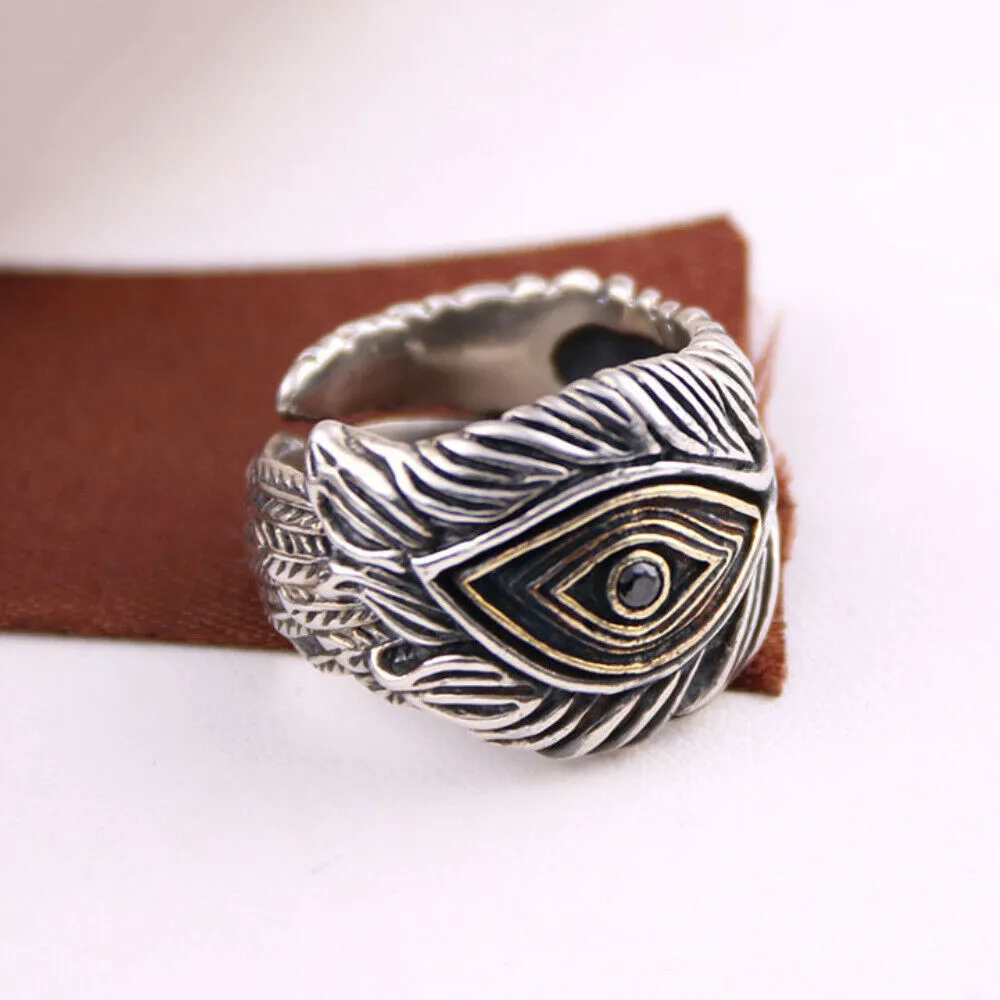 Real Solid 925 Sterling Silver Rings Feather Wisdom Eye Fashion Punk Jewelry Open Size Adjustable