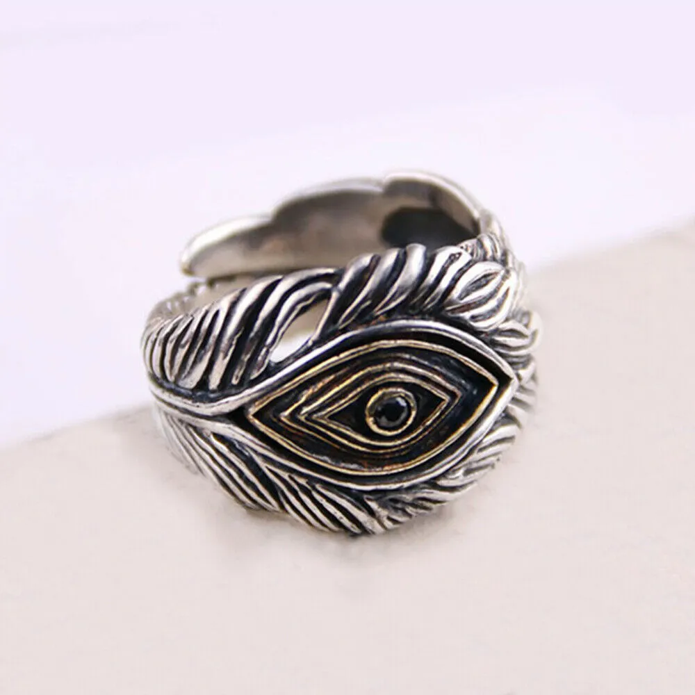Real Solid 925 Sterling Silver Rings Feather Wisdom Eye Fashion Punk Jewelry Open Size Adjustable