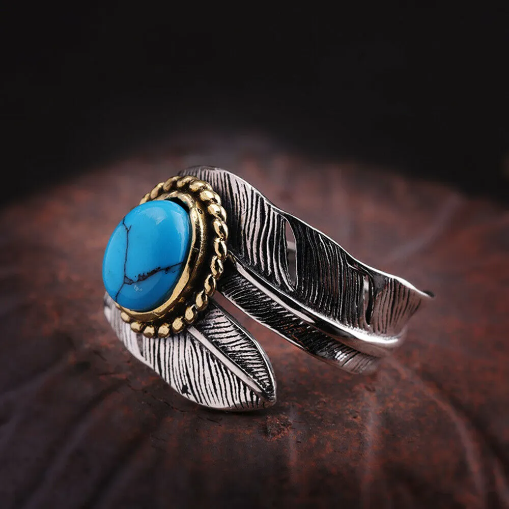 Real Solid 925 Sterling Silver Turquoise Rings Feather Pattern Punk Jewelry Open Size Adjustable