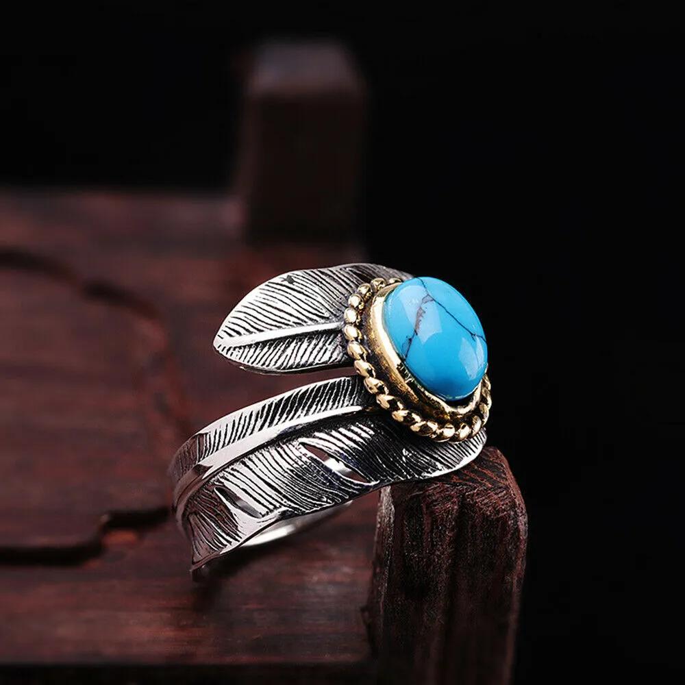 Real Solid 925 Sterling Silver Turquoise Rings Feather Pattern Punk Jewelry Open Size Adjustable