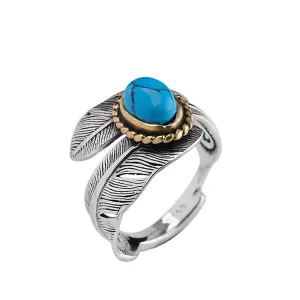 Real Solid 925 Sterling Silver Turquoise Rings Feather Pattern Punk Jewelry Open Size Adjustable