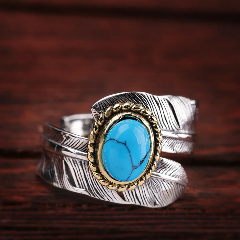 Real Solid 925 Sterling Silver Turquoise Rings Feather Pattern Punk Jewelry Open Size Adjustable