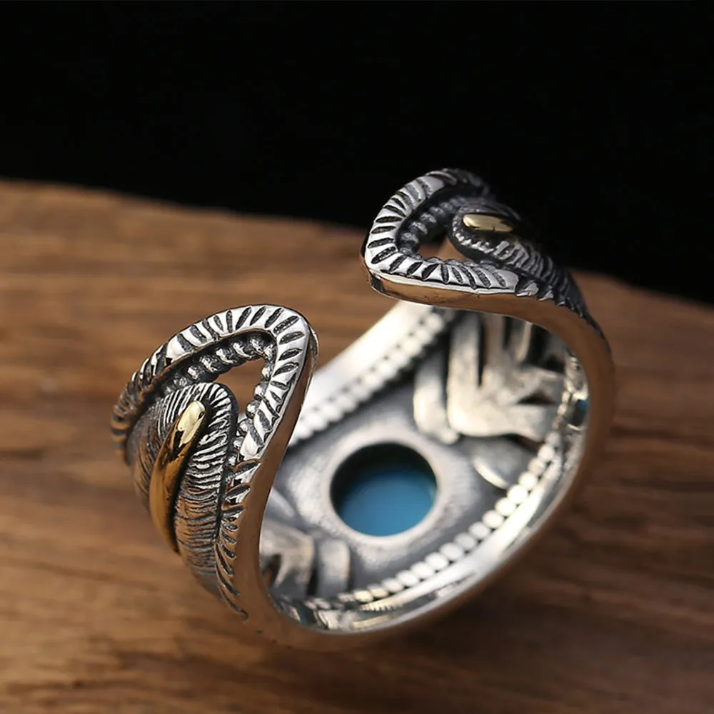 Real Solid 925 Sterling Silver Turquoise Rings Feather Round Fashion Punk Jewelry Open Size 8-10
