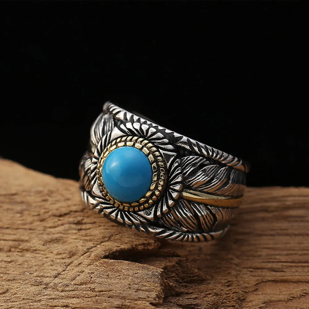 Real Solid 925 Sterling Silver Turquoise Rings Feather Round Fashion Punk Jewelry Open Size 8-10