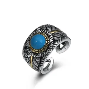 Real Solid 925 Sterling Silver Turquoise Rings Feather Round Fashion Punk Jewelry Open Size 8-10