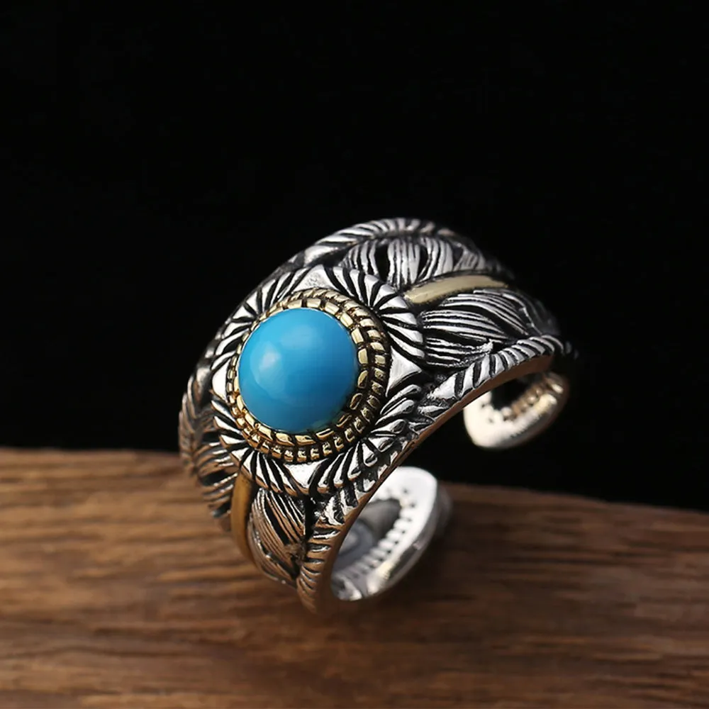 Real Solid 925 Sterling Silver Turquoise Rings Feather Round Fashion Punk Jewelry Open Size 8-10