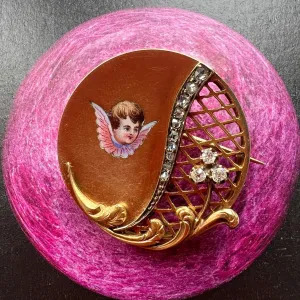 Reserved - Sweet Victorian era 14k gold diamond enameled angel brooch