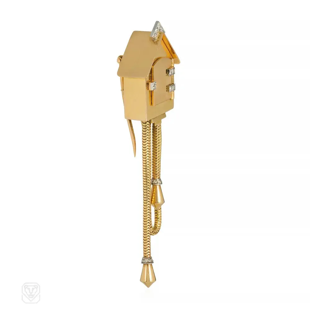 Retro French gold and diamond cuckoo clock brooch-watch