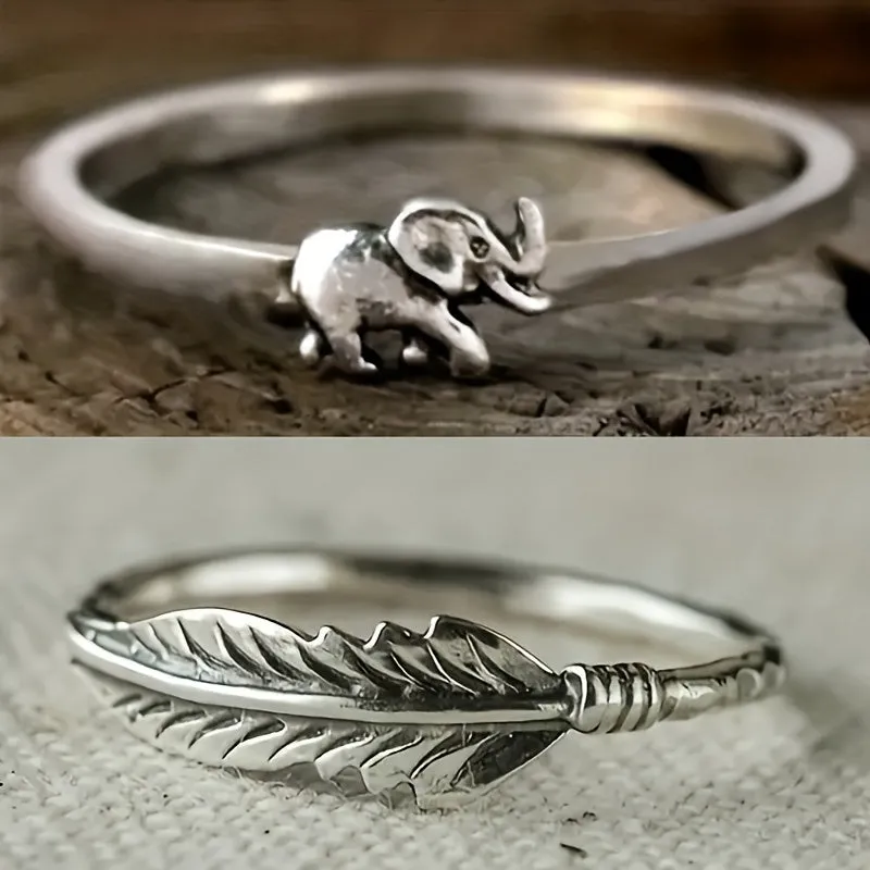 Retro Men's Elephant Feather Pattern Ring For Men