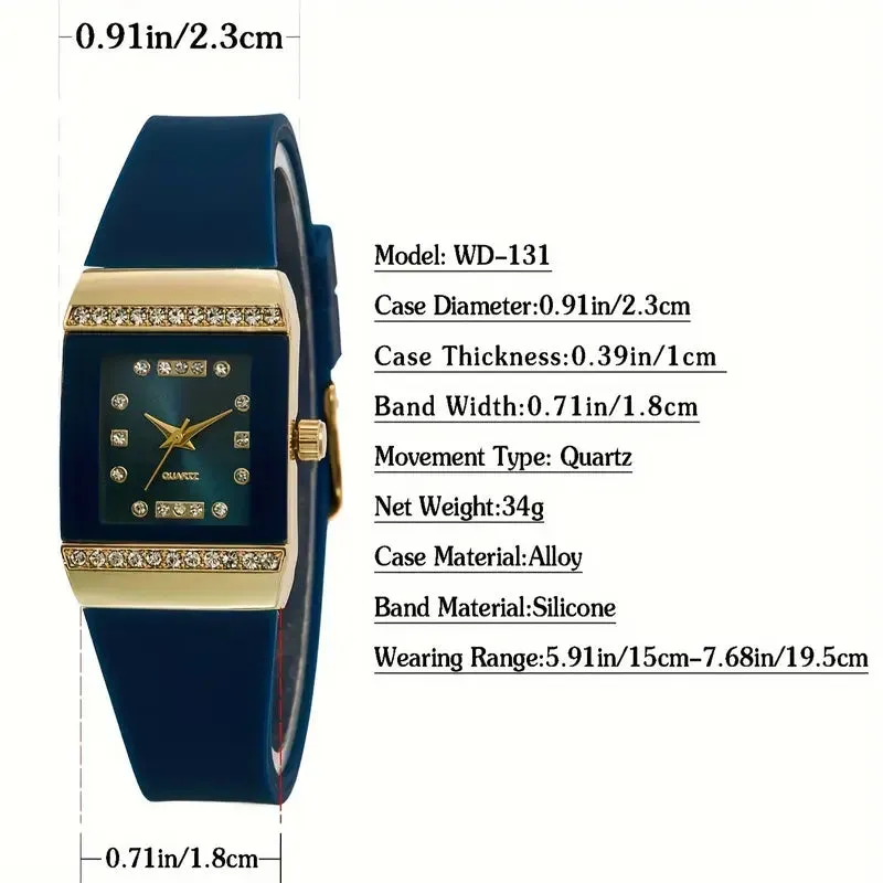 Rhinestone Quartz Watch Elegant Square Fashion Analog Silicone Wrist Watch