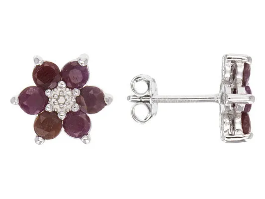 Rhodium over Sterling Silver RUBY & Diamond Flower Stud Earrings