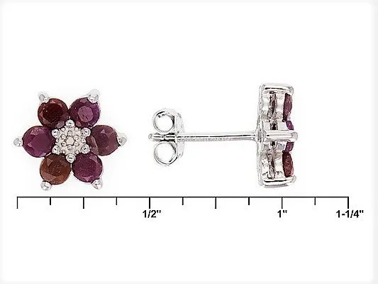 Rhodium over Sterling Silver RUBY & Diamond Flower Stud Earrings