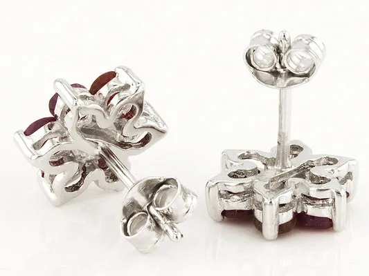 Rhodium over Sterling Silver RUBY & Diamond Flower Stud Earrings