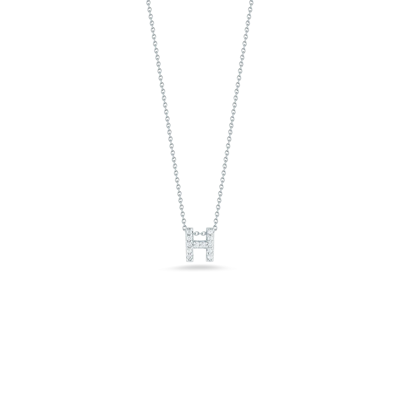 Roberto Coin 18k White Gold Tiny Treasures Diamond Block Love Letter "H" Pendant 16-18" Adjustable Chain (D=.06)