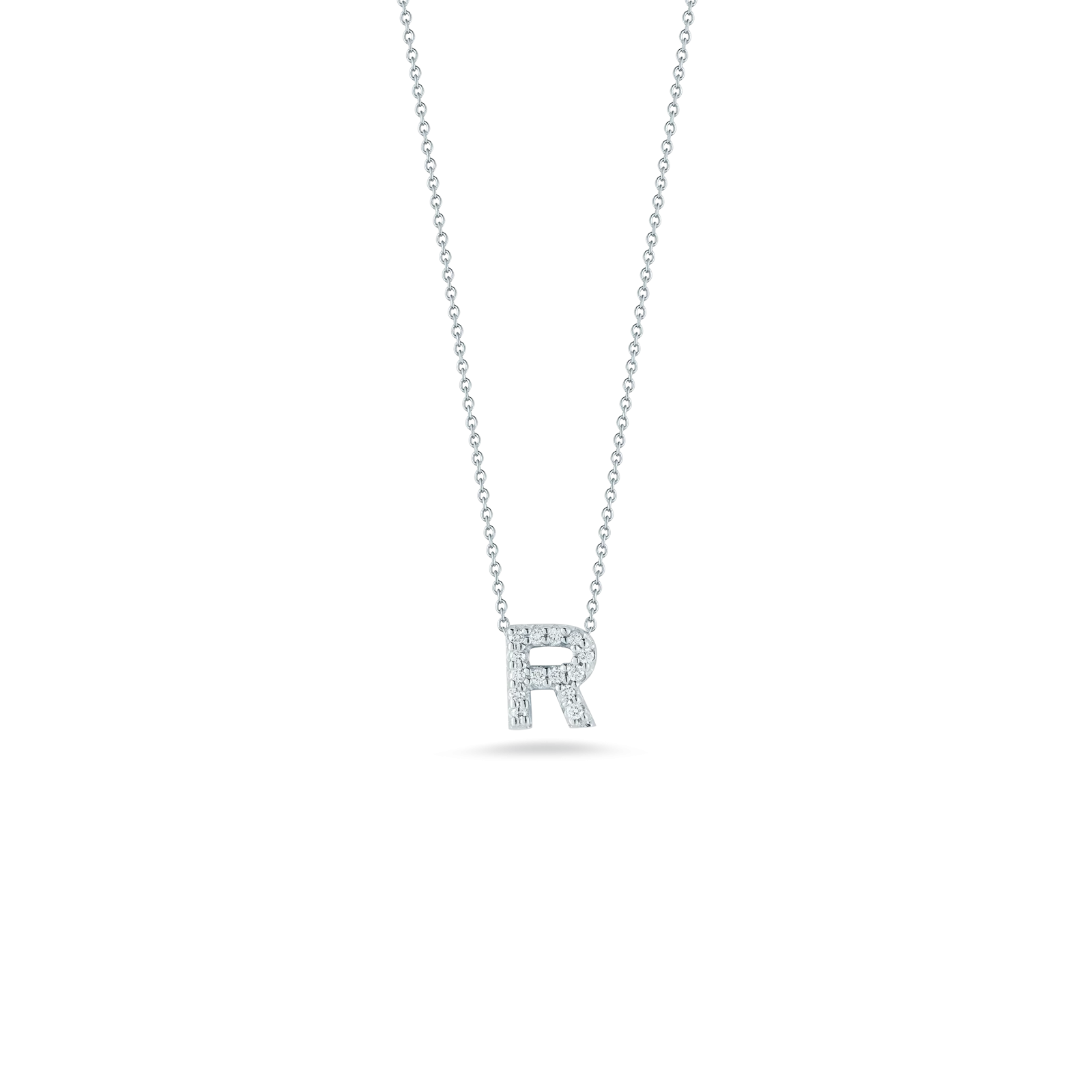 Roberto Coin 18k White Gold Tiny Treasures Diamond Block Love Letter "R" Pendant 16-18" Adjustable Chain (D=.06)