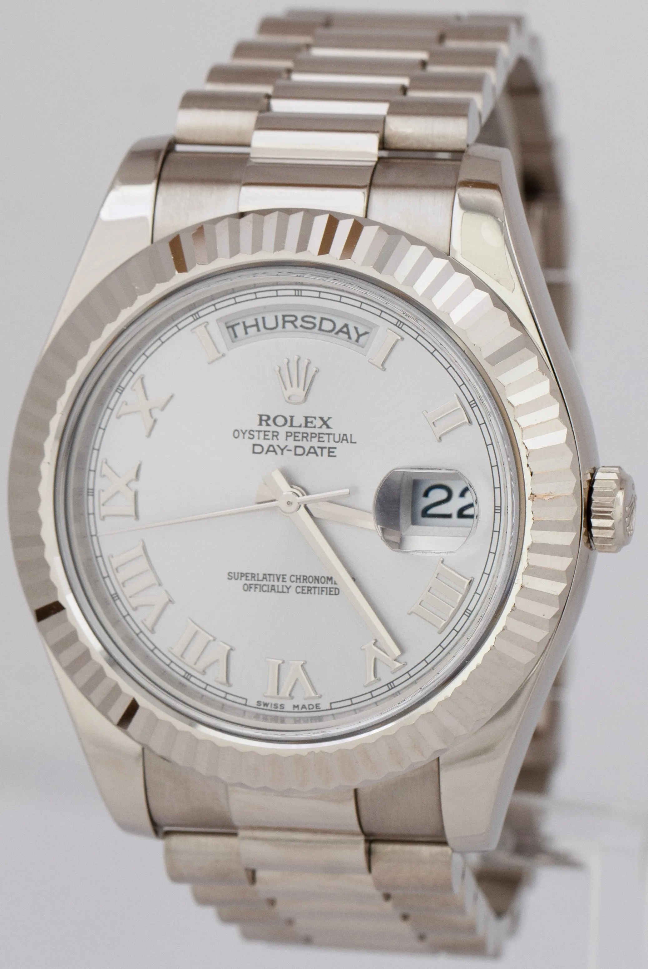 Rolex Day-Date II Presidential 41mm Silver Roman 18K White Gold 218239 B P