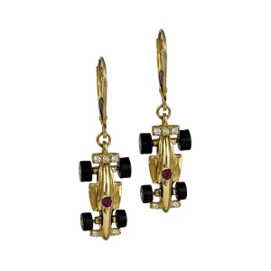 Rolling Race Car Earrings with Onyx Wheels