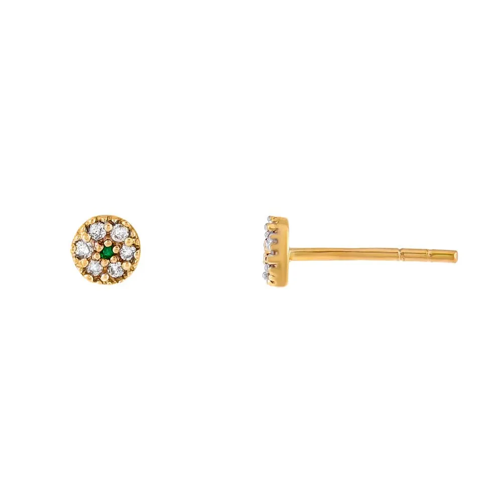Round Diamond X Emerald Flower Stud Earring 14K