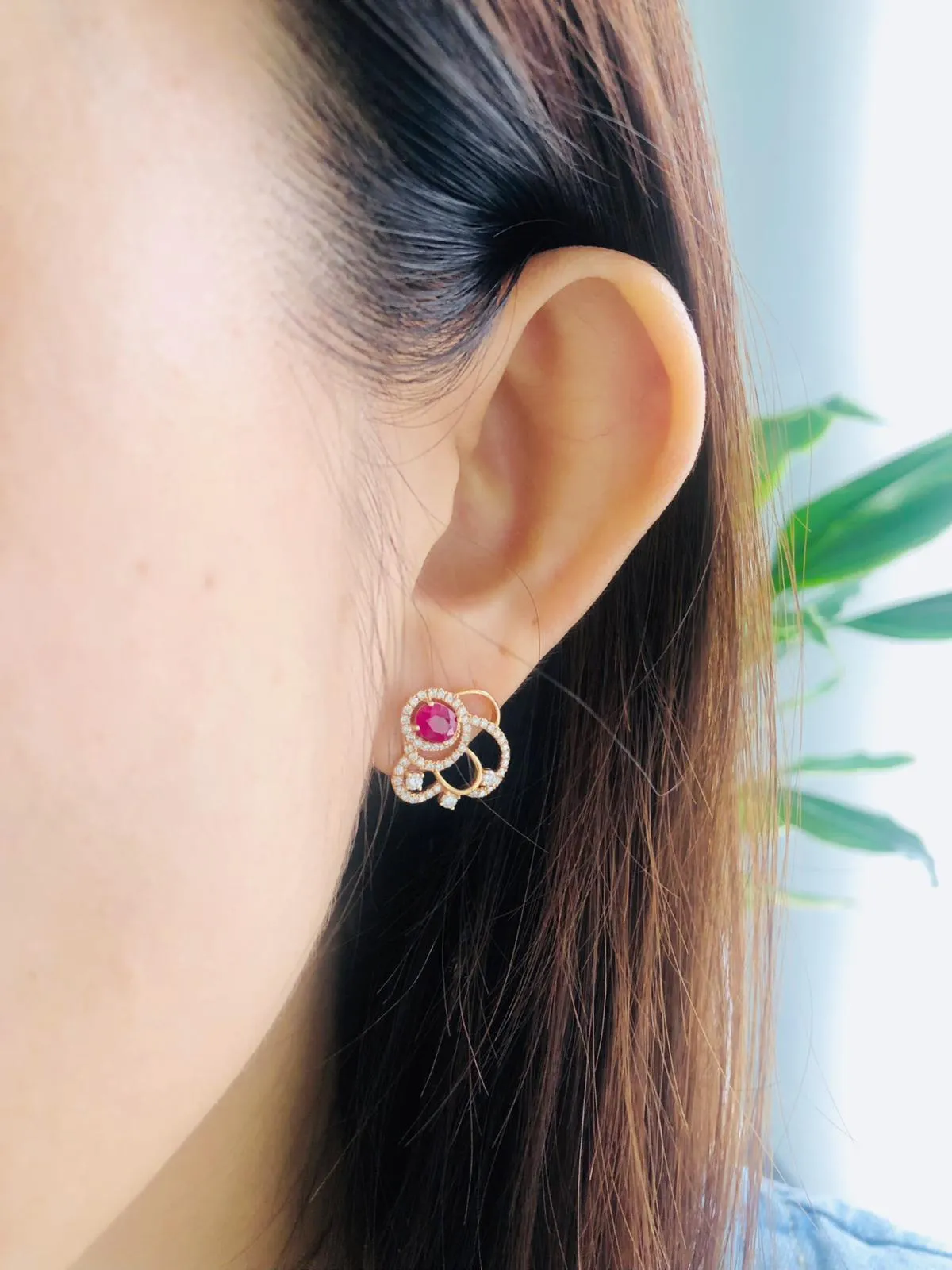 Ruby & Diamond Open-space Wavy Earrings