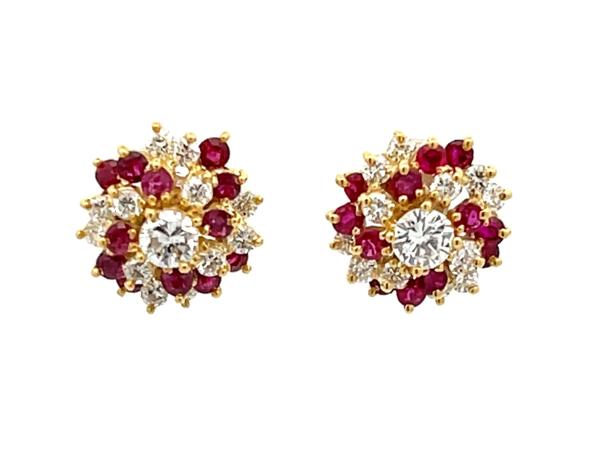 Ruby and Diamond Flower Earrings in 14k Yellow Gold
