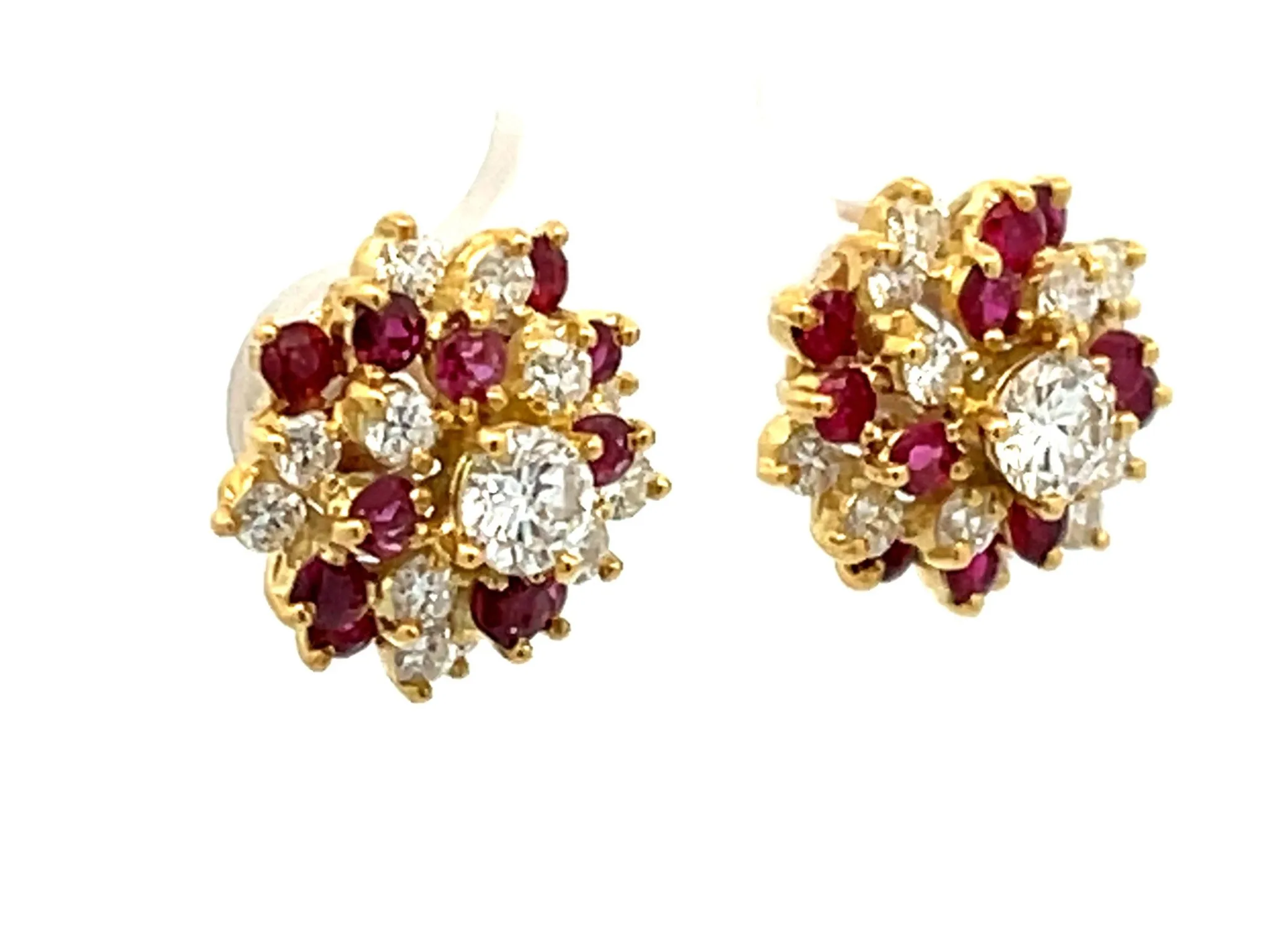 Ruby and Diamond Flower Earrings in 14k Yellow Gold
