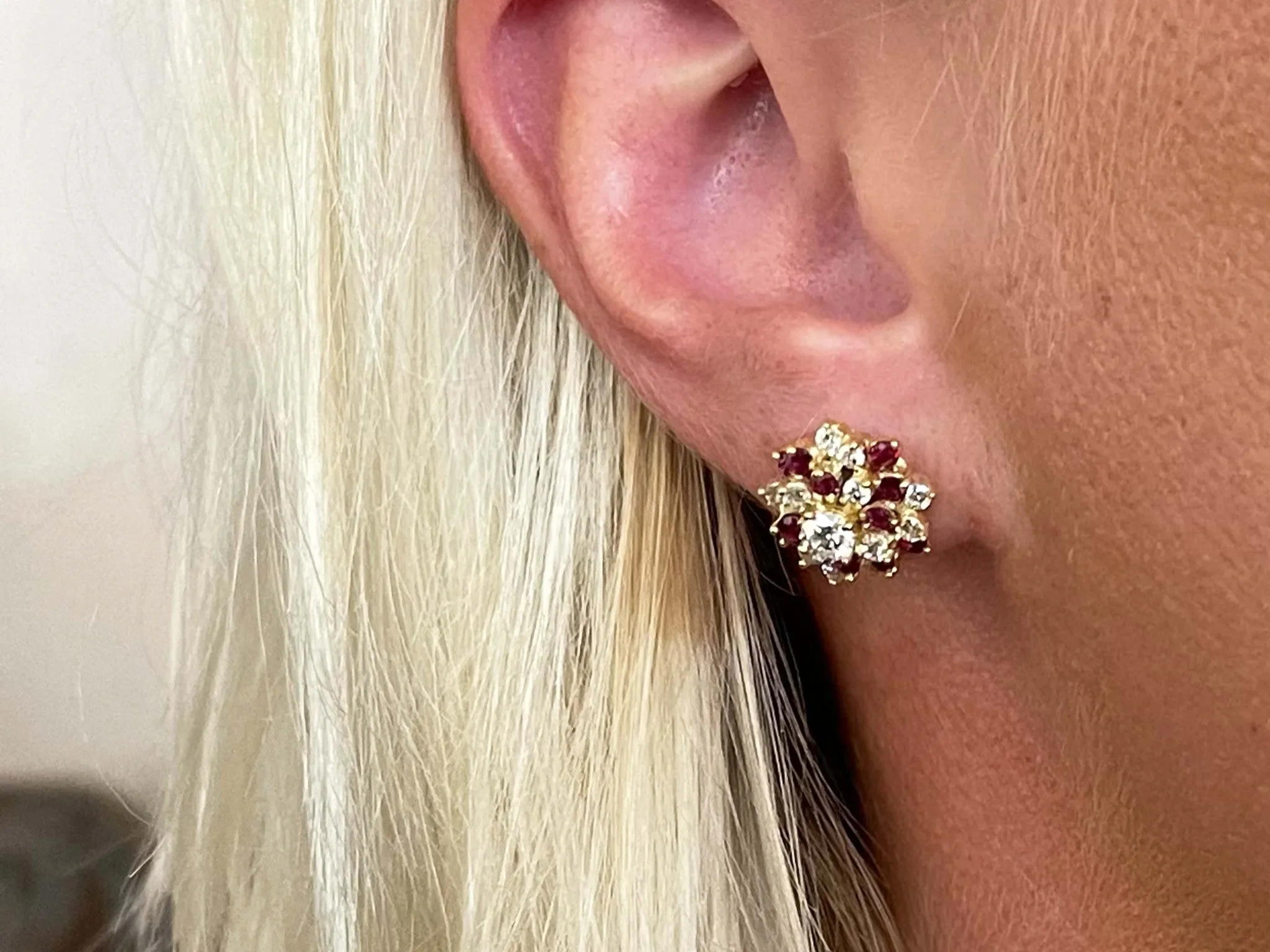 Ruby and Diamond Flower Earrings in 14k Yellow Gold
