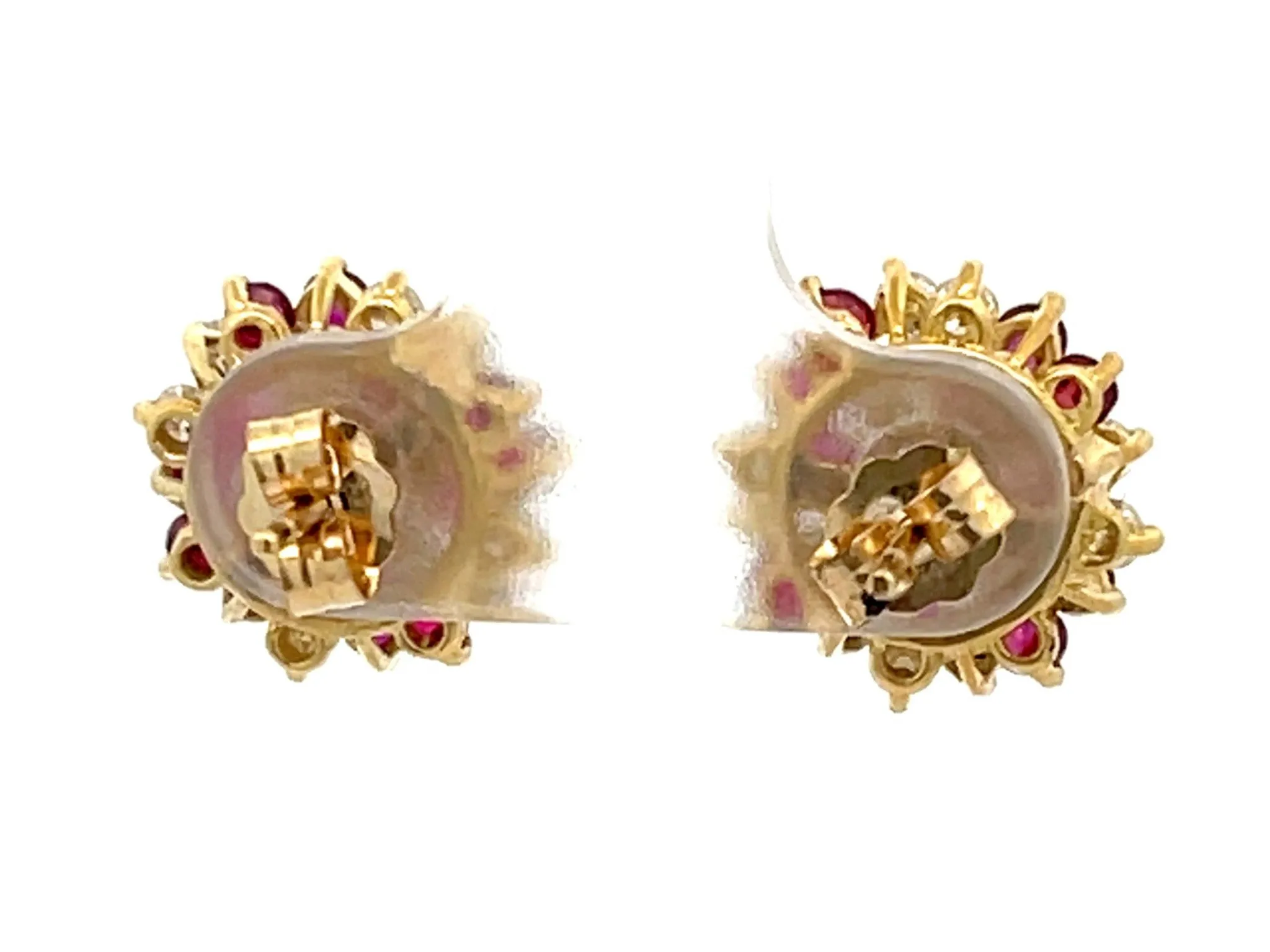 Ruby and Diamond Flower Earrings in 14k Yellow Gold