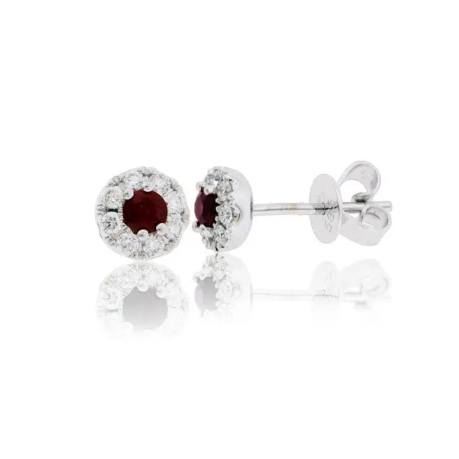 Ruby Center Diamond Halo Stud Post Earrings