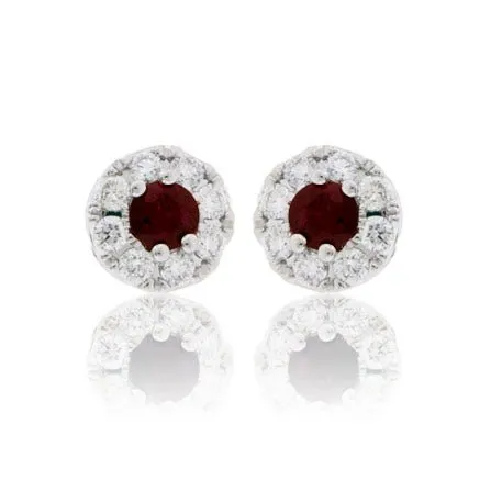 Ruby Center Diamond Halo Stud Post Earrings