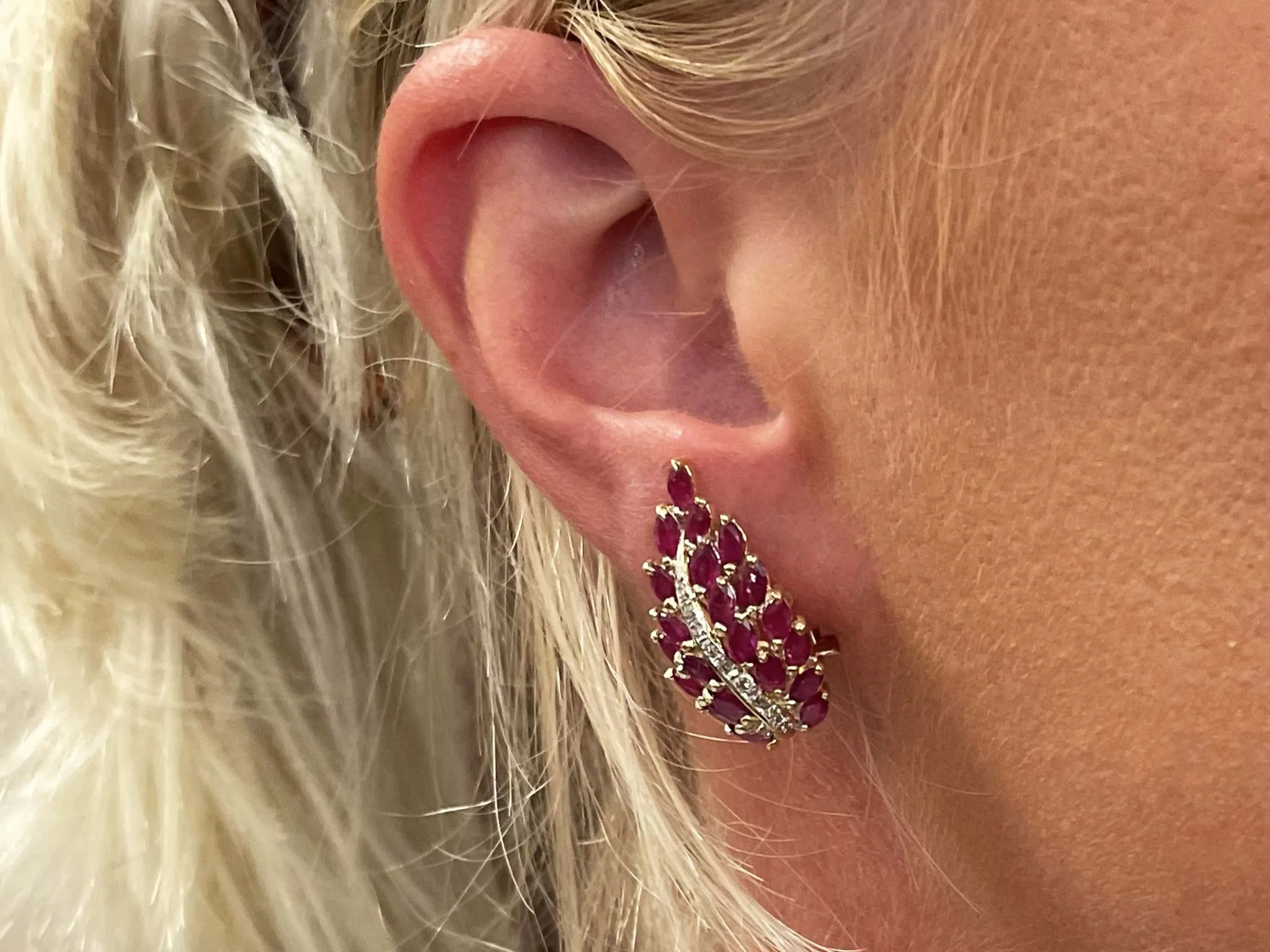 Ruby Leaf and Diamond Earrings in 14k Yellow Gold
