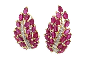 Ruby Leaf and Diamond Earrings in 14k Yellow Gold