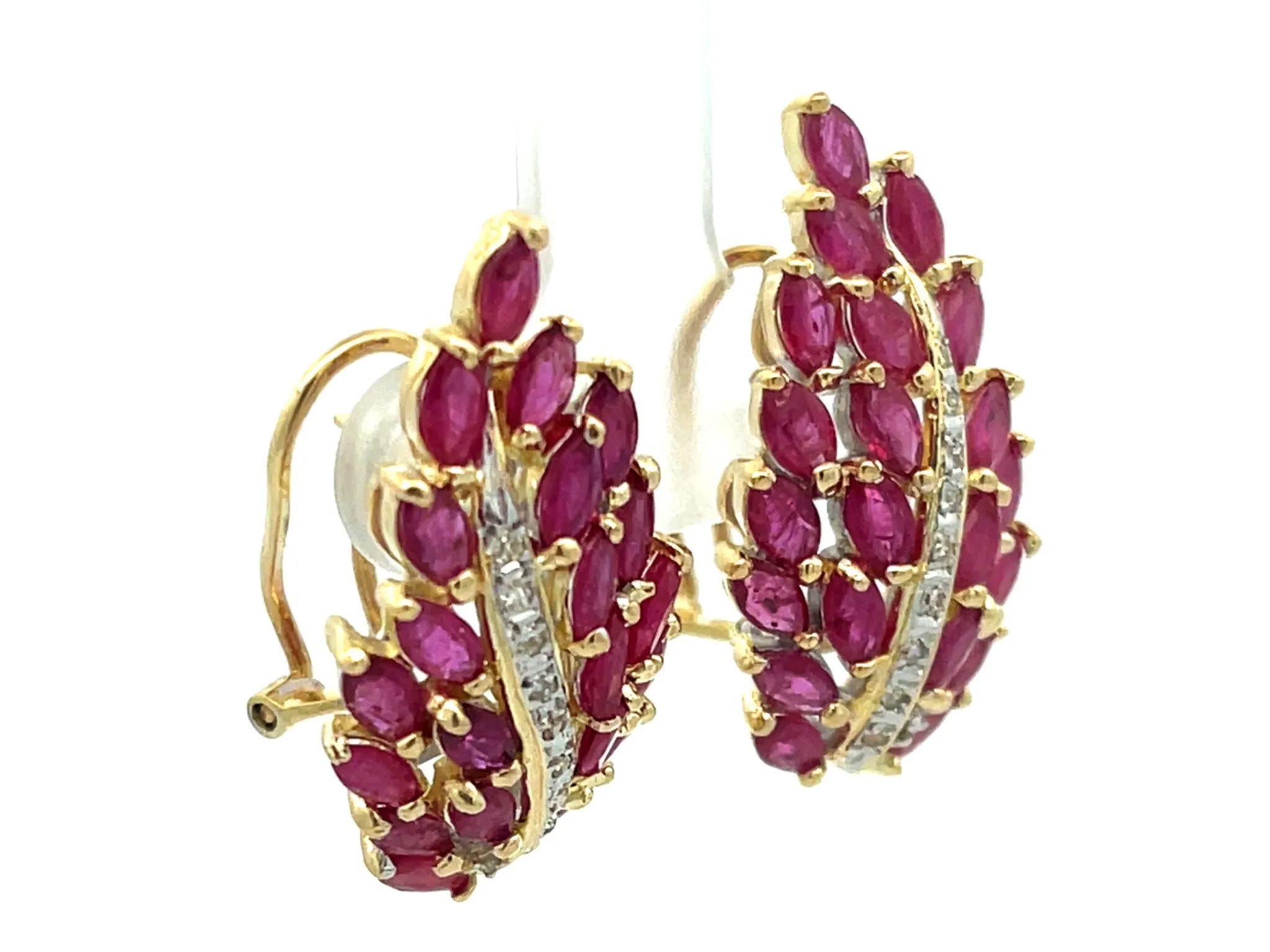Ruby Leaf and Diamond Earrings in 14k Yellow Gold