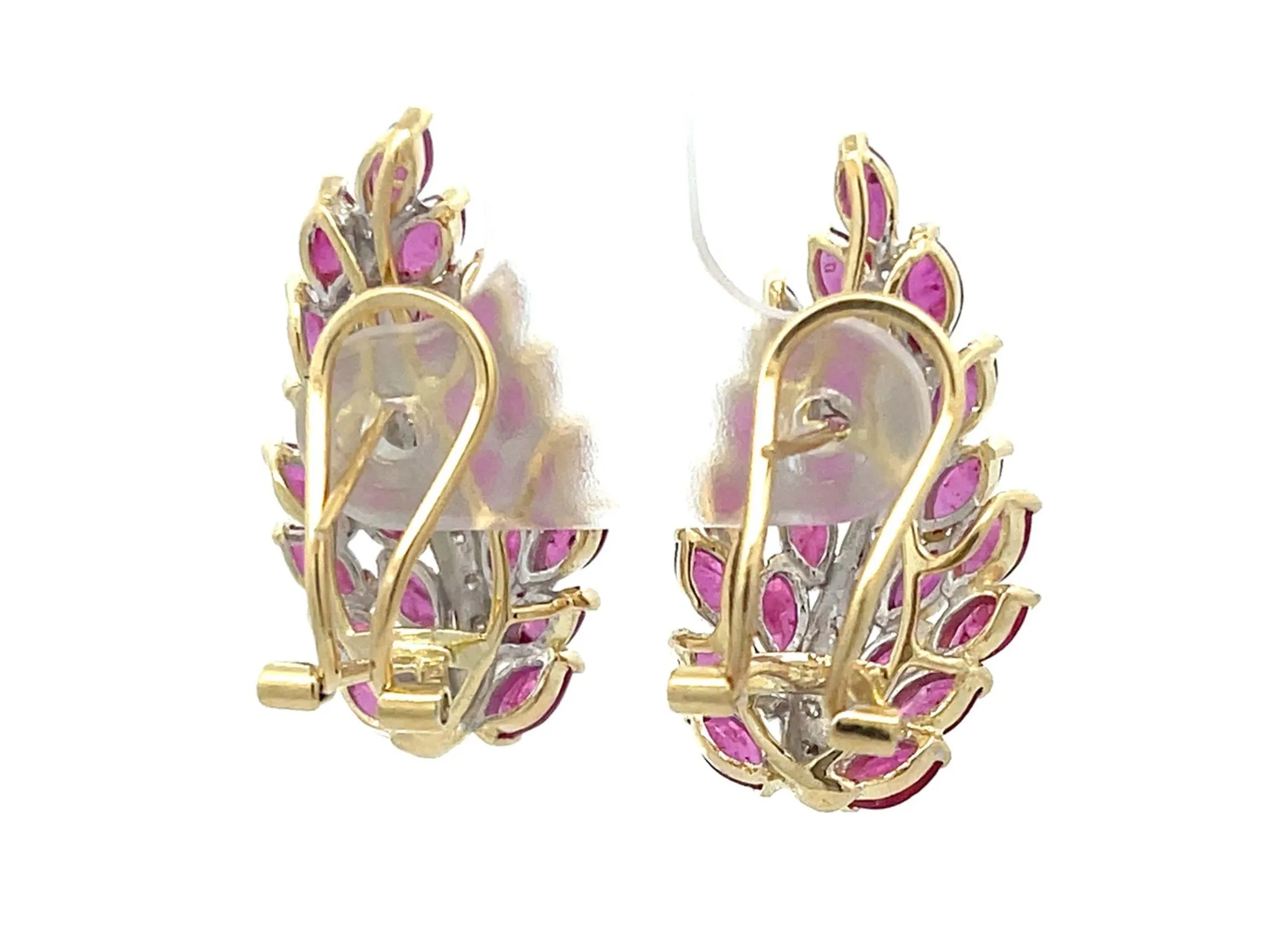 Ruby Leaf and Diamond Earrings in 14k Yellow Gold
