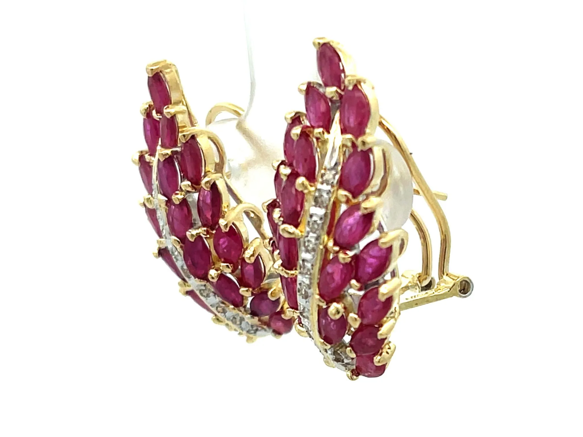 Ruby Leaf and Diamond Earrings in 14k Yellow Gold