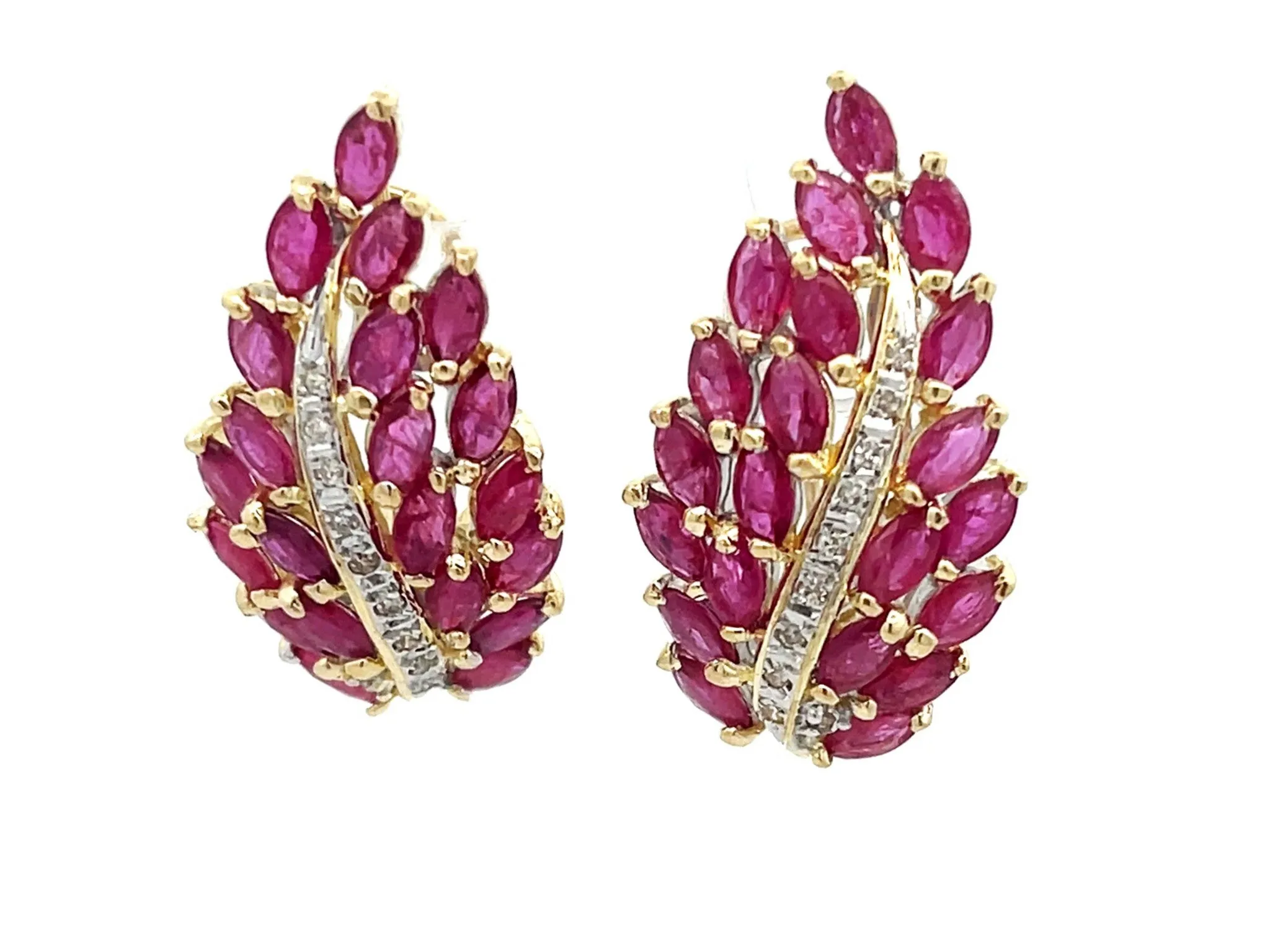 Ruby Leaf and Diamond Earrings in 14k Yellow Gold