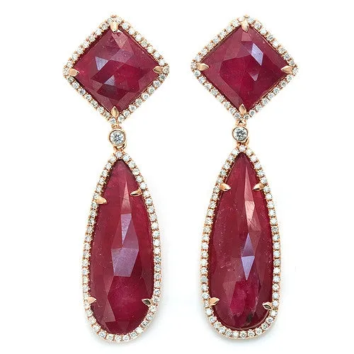 Ruby Slice & Pave Diamond Dangle Earrings,14k Rose Gold