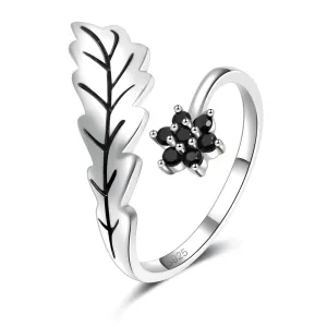 S925 Vintage Leaf Feather Ring Rhodium Plated Floral Theme Size