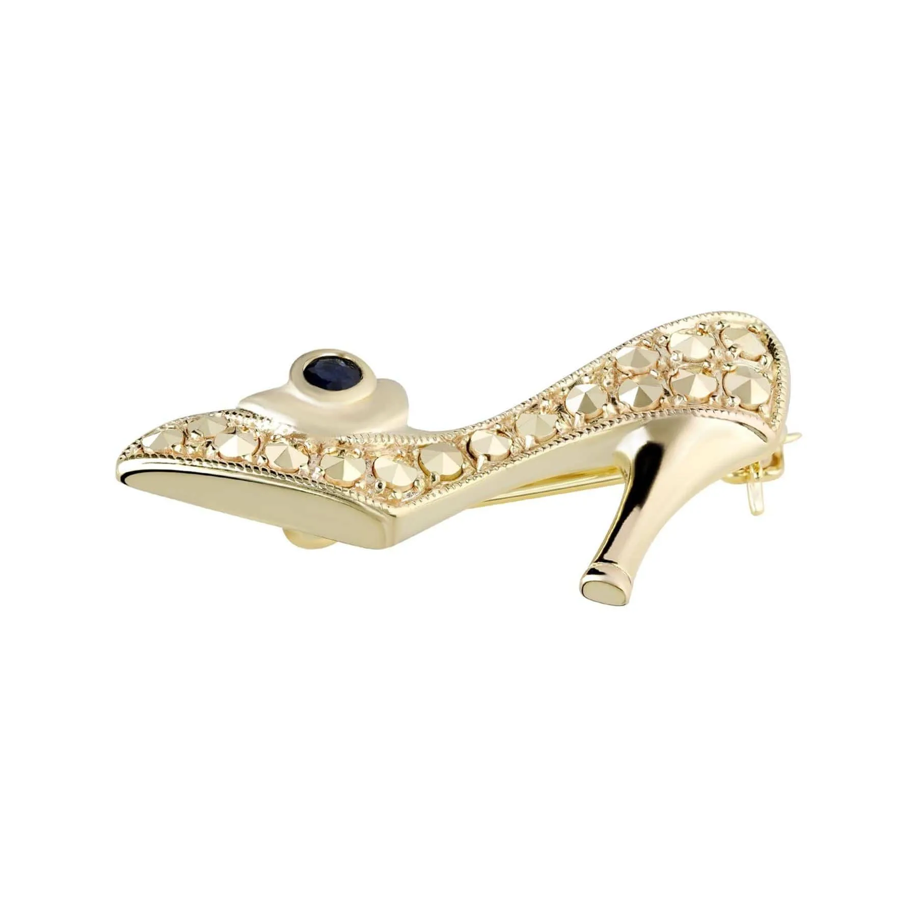 Sapphire & Marcasite Shoe Brooch in 18ct Gold Plated Silver