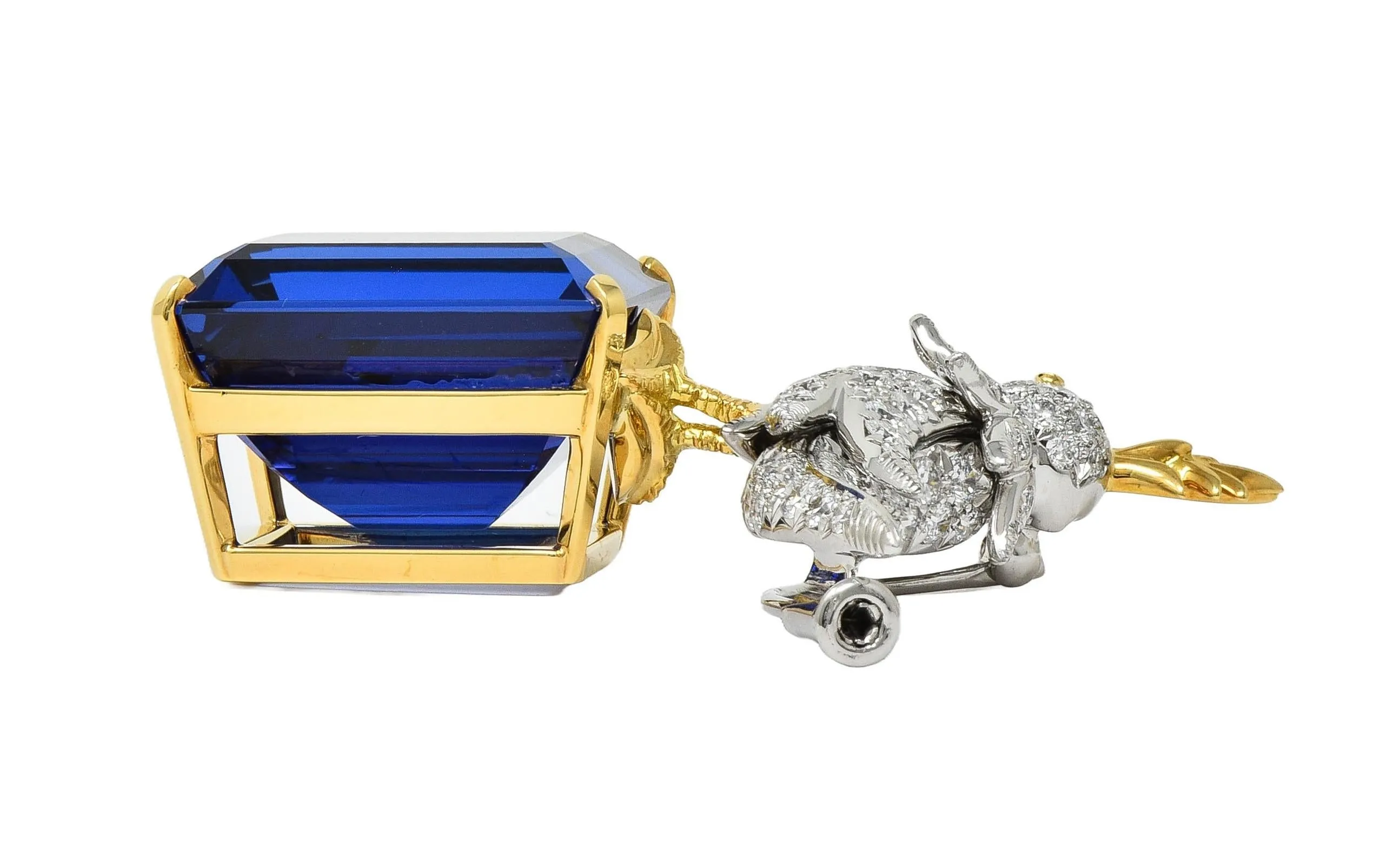 Schlumberger Tiffany & Co. Tanzanite Diamond Platinum 18 Karat Gold Bird On A Rock Unisex Brooch
