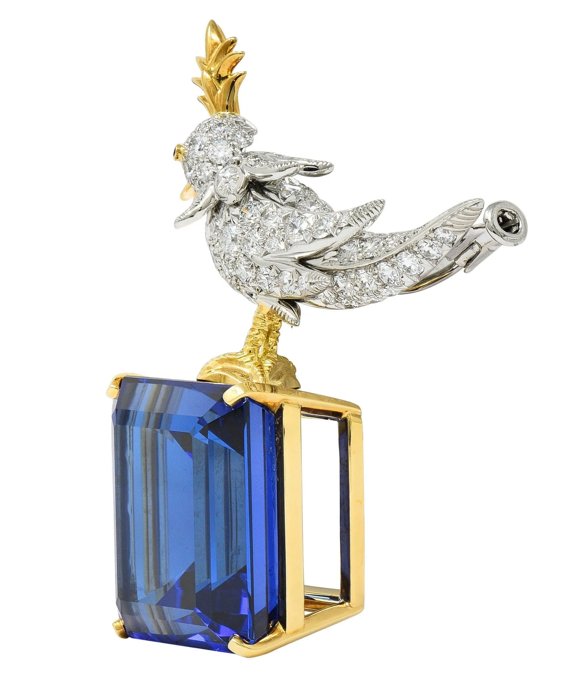 Schlumberger Tiffany & Co. Tanzanite Diamond Platinum 18 Karat Gold Bird On A Rock Unisex Brooch