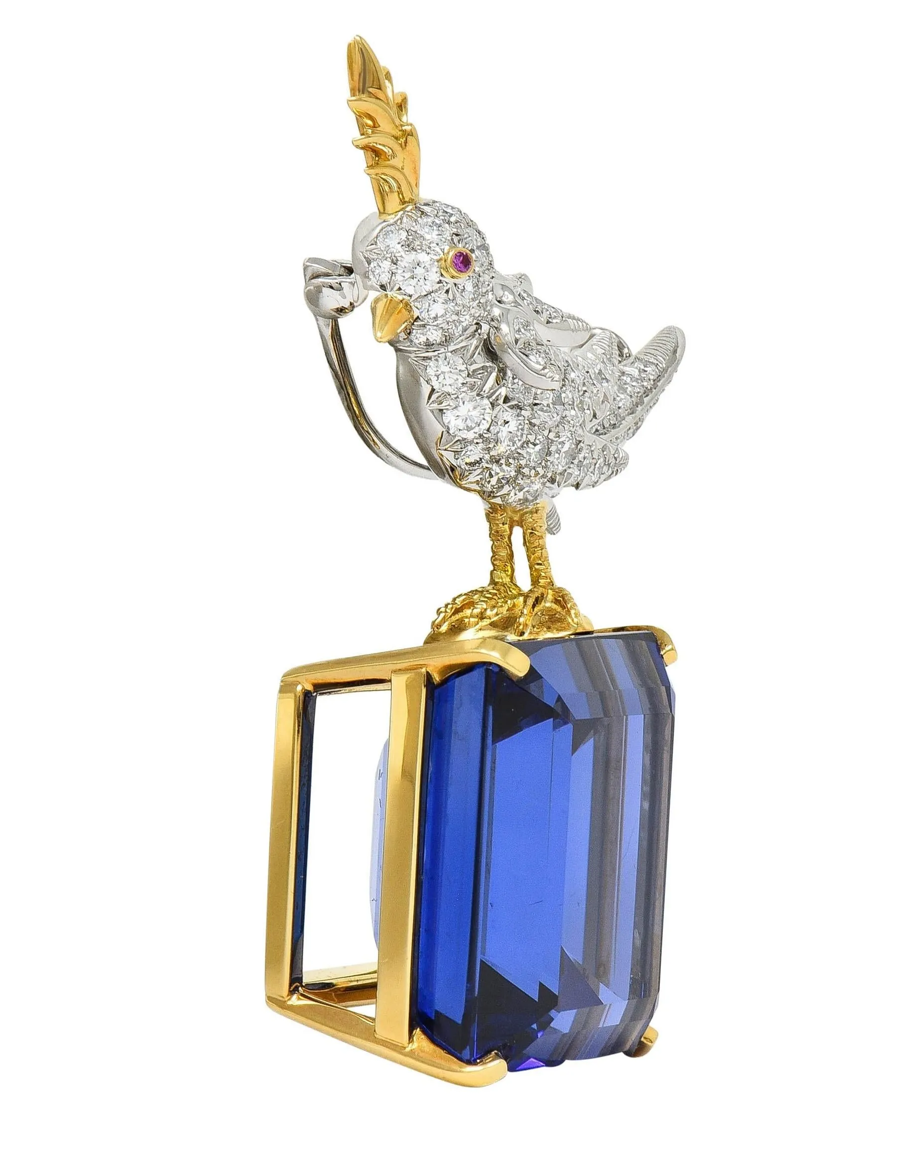 Schlumberger Tiffany & Co. Tanzanite Diamond Platinum 18 Karat Gold Bird On A Rock Unisex Brooch