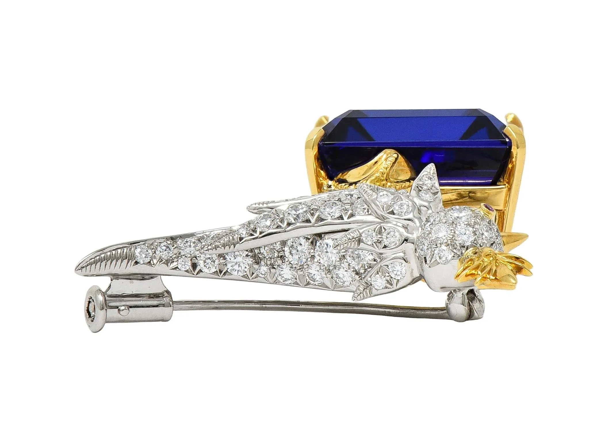 Schlumberger Tiffany & Co. Tanzanite Diamond Platinum 18 Karat Gold Bird On A Rock Unisex Brooch
