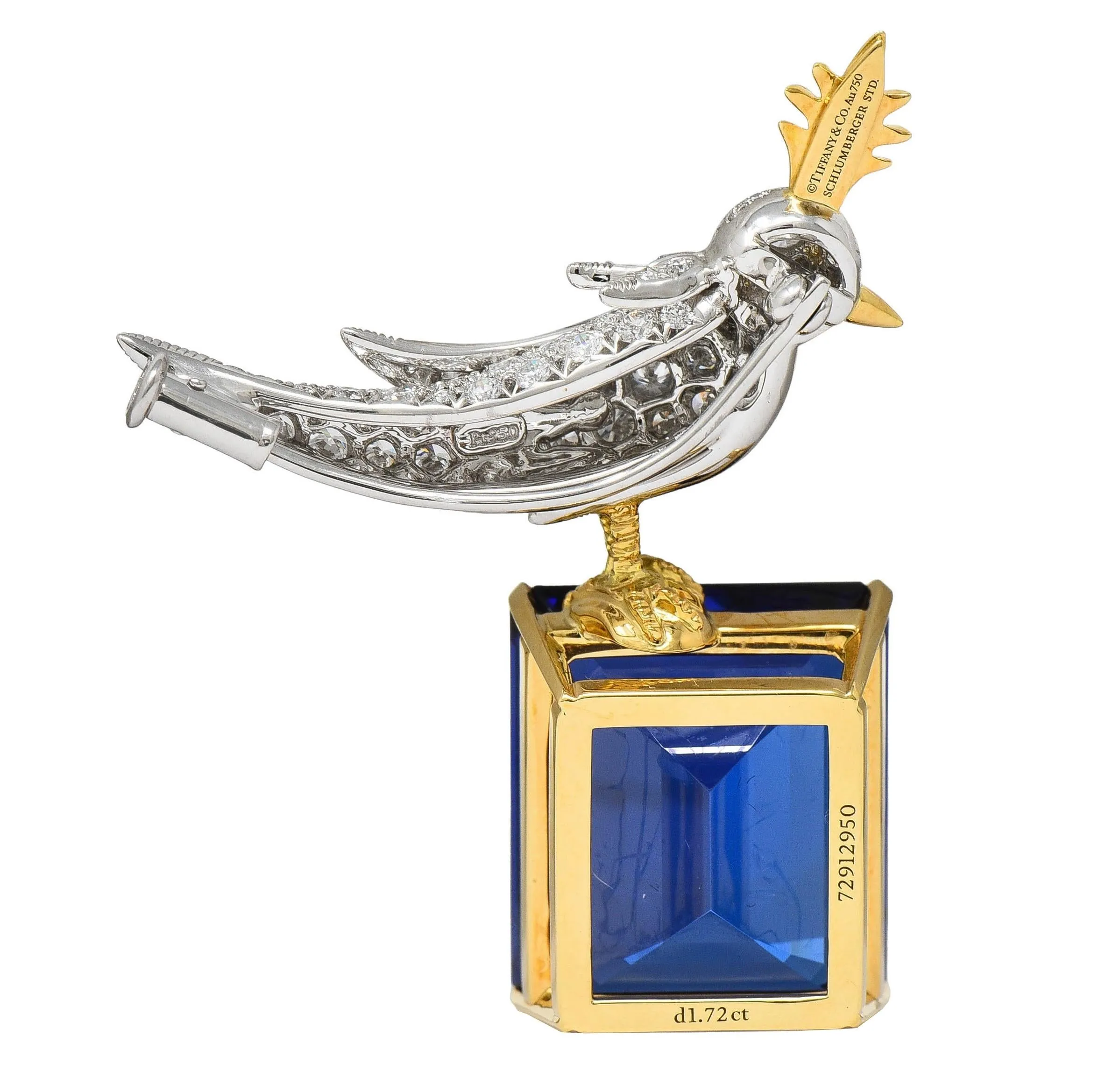 Schlumberger Tiffany & Co. Tanzanite Diamond Platinum 18 Karat Gold Bird On A Rock Unisex Brooch