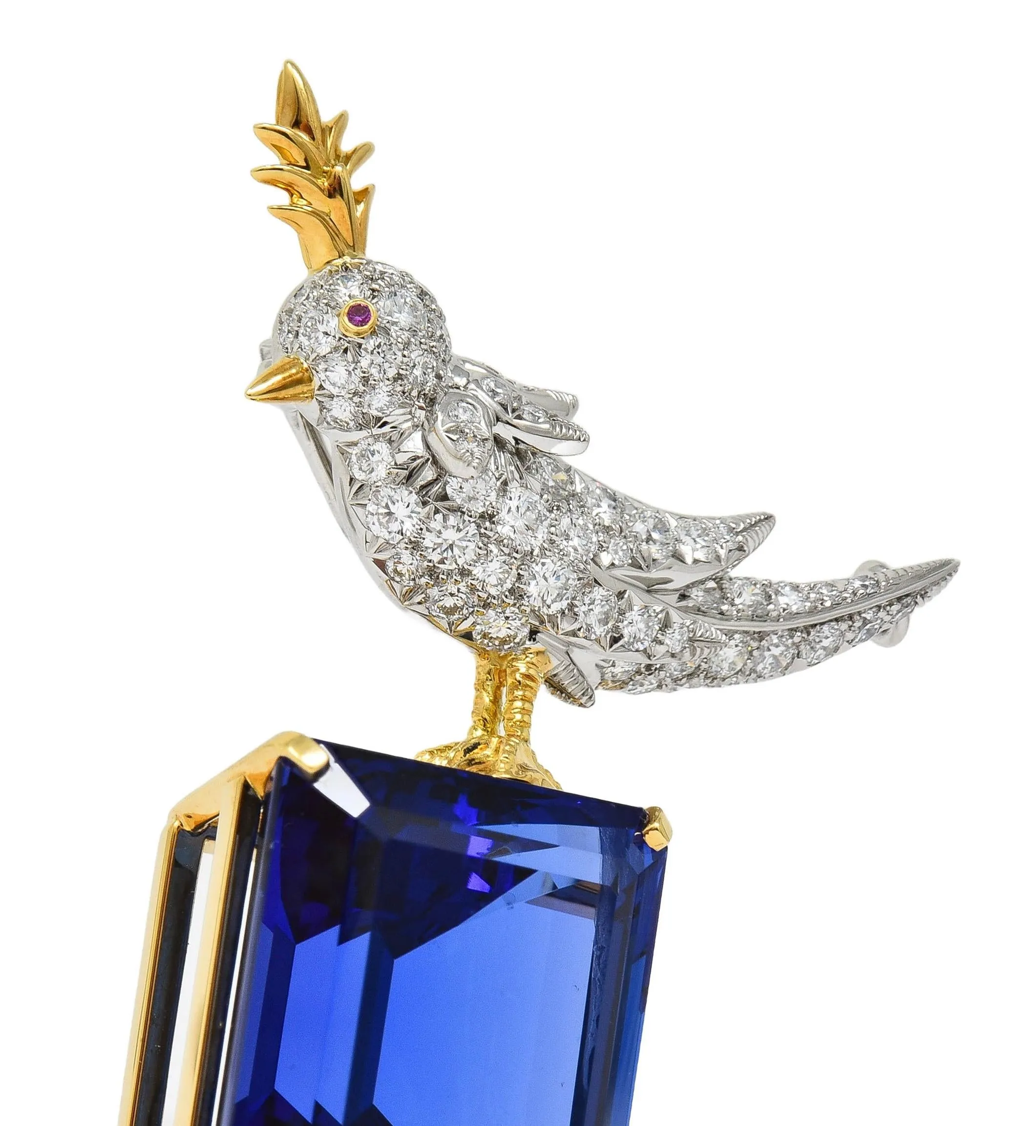 Schlumberger Tiffany & Co. Tanzanite Diamond Platinum 18 Karat Gold Bird On A Rock Unisex Brooch