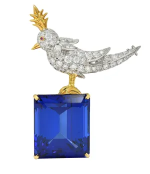Schlumberger Tiffany & Co. Tanzanite Diamond Platinum 18 Karat Gold Bird On A Rock Unisex Brooch