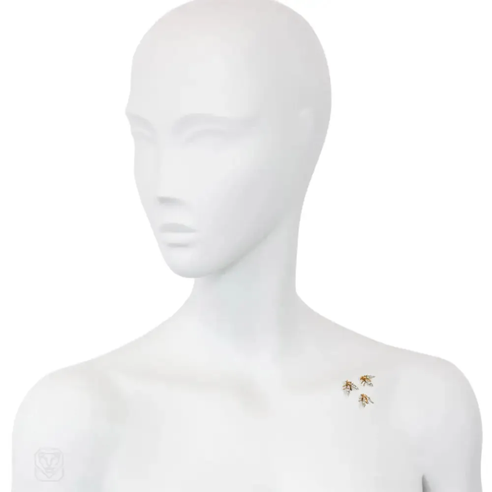 Set of Retro gold and diamond insect brooches. France
