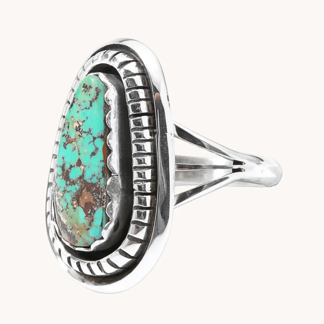 Shadowbox Turquoise Ring with Saw-Work Border