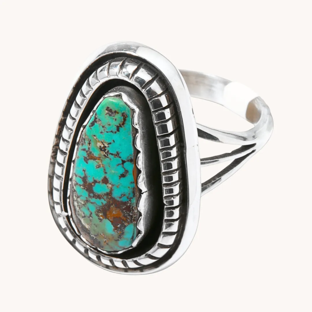 Shadowbox Turquoise Ring with Saw-Work Border