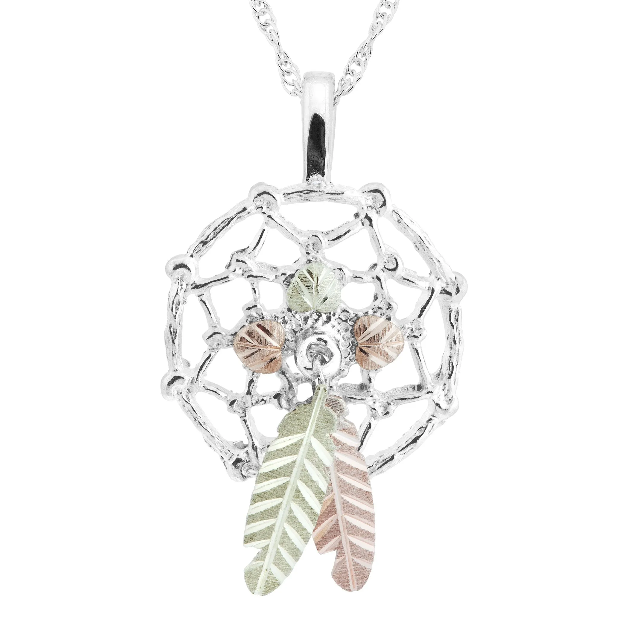Short Feather Dreamcatcher - Sterling Silver Black Hills Gold Pendant